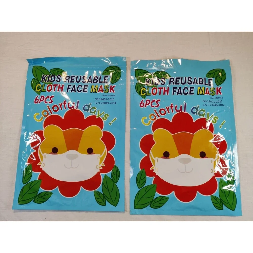 2 Packaged, 6 Masks Kids Reusable Cloth Face Mask Colorful Days Brand New Sealed
